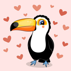 Obraz premium Cute cartoon Toucan with hearts. Vector illustration of animal on pink background with red hearts.
