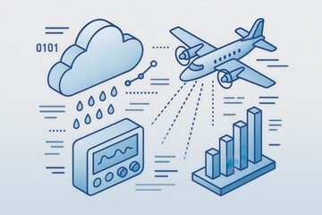 Atmospheric analytics of aviation performance and meteorological forecasting illustrated with digital data visualizations depicting cloud patterns, precipitation metrics, and growth trends