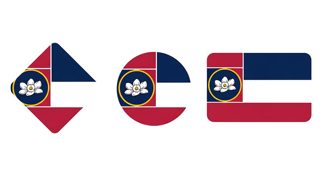 Three mississippi state flags in different geometric shapes isolated on white background