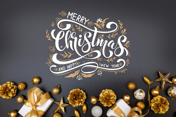 Merry Christmas and Happy New Year greeting card, frame, and banner. Holidays design. Noel and Feliz Navidad. Christmas gifts and decorations, top view. Flat lay.