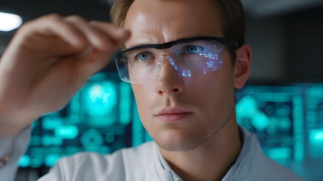 Man wearing augmented reality glasses analyzing holographic data