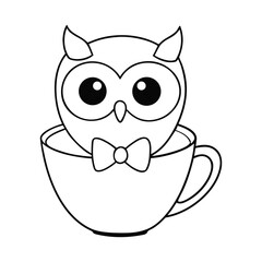 A cute cartoon owl wearing a bow sits snugly in a steaming tea cup, ready to color. Charming, whimsical, and perfect for a playful coloring page adventure.
