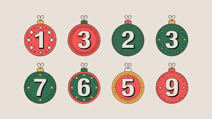 Retro Christmas Number Ornaments Set - Vintage Holiday Countdown Baubles