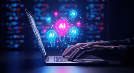 Person works with laptop surrounded by glowing lightbulbs connected by dots symbolizing innovation automation future technology