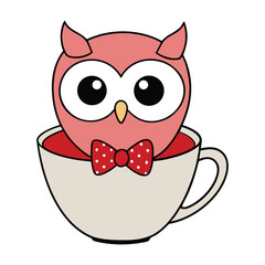 A charming cartoon owl with a sweet bow perches inside a steaming teacup, eyes wide with curiosity, blending cozy warmth and adorable whimsy perfectly.
