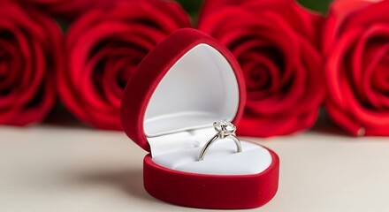 A sparkling diamond engagement ring rests inside a velvet heart shaped box with vibrant red roses in the background