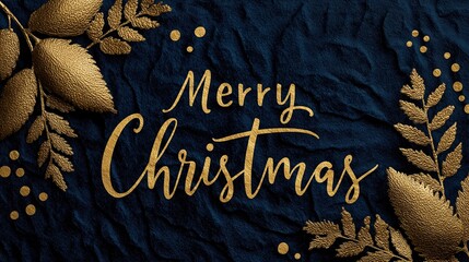 Christmas background with golden foil lettering Merry Christmas on navy blue velvet fabric with golden decorations and gold leaf accents