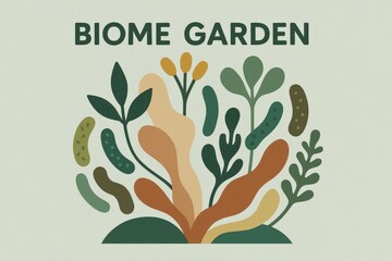 Biome garden featuring unique plant forms, abstract botanical elements in earthy tones, showcasing modern environmental design and sustainable aesthetics, promoting ecological creativity