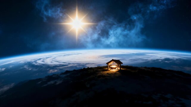 Animation of the Christmas nativity scene. A glowing manger on a mountain with the Star of Bethlehem shining over planet Earth. The birth of Jesus Christ concept