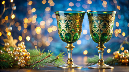 2 venetian green crystal glasses with a gold pattern  with Christmas decoration on bokeh lights blue background. Copy spase