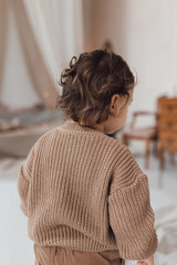 Little child with curly hair in a brown sweater. Back view