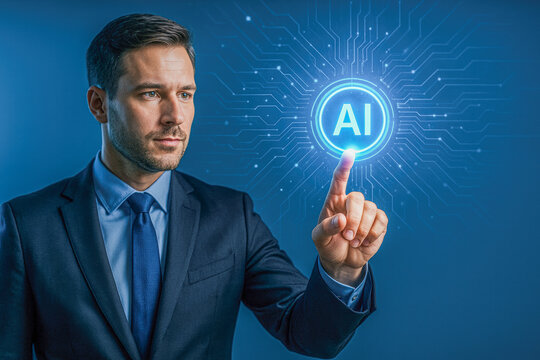 A professional business photo of a man in a suit interacting with a glowing AI icon against a clean blue background, conveying modern digital transformation, artificial intelligence integration - Powered by Adobe