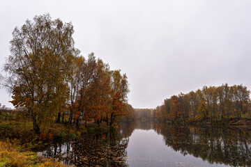 Autumn landscape with colorful trees reflected in calm lake on a misty day. Nature background for serenity and seasonal beauty.