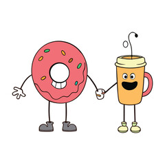 A playful cartoon scene with a cheerful coffee cup and a smiling donut, sharing laughs, bright colors, and whimsical expressions that spark joy and sweetness everywhere.
