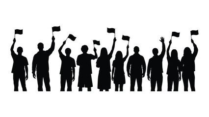Crowd silhouettes waving flags isolated on white background, Vector