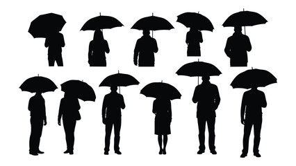 People with umbrellas silhouettes isolated on white background, Vector