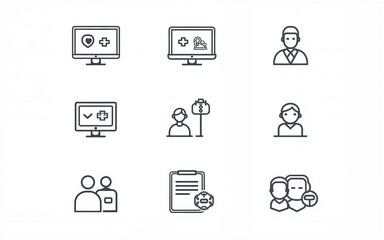 Digital medical services icon pack. Patient monitoring, doctor consultations, telemedicine tools, and health app symbols. Set of line style elements for care system interface. Vector illustration.