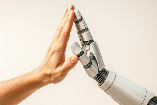 A clean and uplifting photo of a human hand giving a high-five to a robotic hand, capturing a symbolic moment of collaboration, trust, optimism, and partnership between humans and machines 