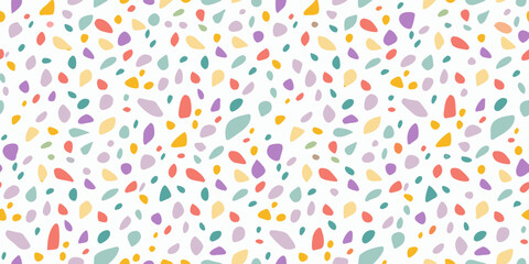 Colorful abstract terrazzo pattern with irregular shapes on white background