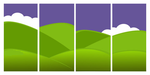Stylized landscape with green hills and purple sky in four panels