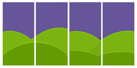 Abstract green hills landscape with purple sky in four vertical panels