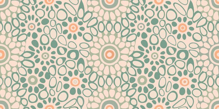 Abstract floral pattern with circles and ovals in muted green and peach