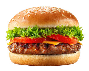 Grilled hamburger with lettuce and tomato, isolated on transparent background, fast food concept, appetizing lighting