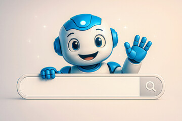 A cheerful digital illustration of a cute blue-and-white AI robot character waving above a blank search bar, creating a friendly and approachable visual ideal for chatbots, kids’ educational platforms