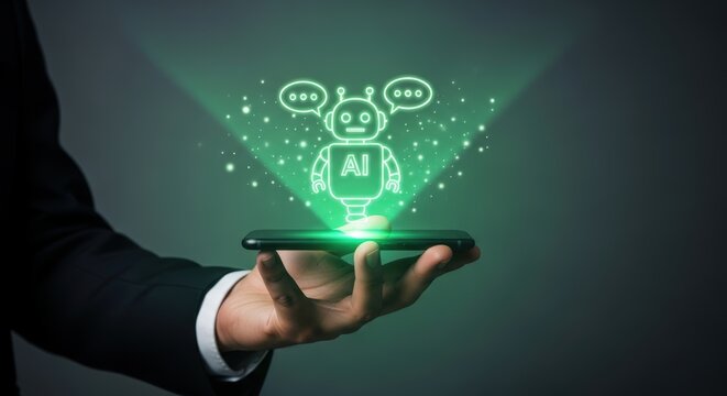 Smartphone displays futuristic robot with speech bubbles representing virtual assistant technology and communication innovation in business