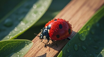 Obraz premium Red ladybug with water drops on its shell resting on wooden plank near green leaves. Nature macro shot for insect and spring concept background.
