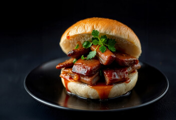 Pork Belly Sandwich with Barbecue Glaze on Black Plate