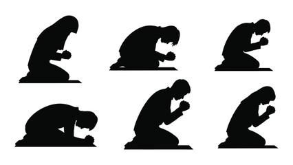Silhouettes of people kneeling in prayer isolated on white background, Vector