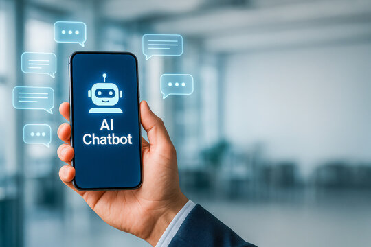 A technology-focused photo of a hand holding a smartphone that displays an AI chatbot interface, surrounded by floating chat bubbles in an office environment, representing automated customer service