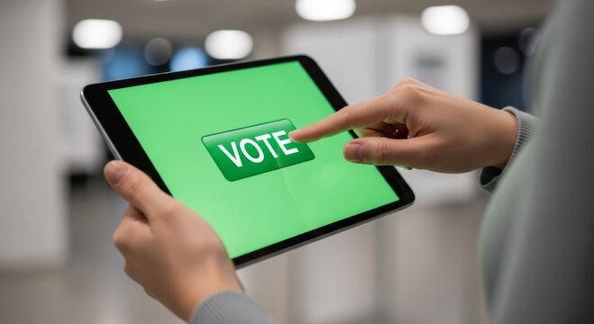 Caucasian female adult engaging in digital voting on tablet