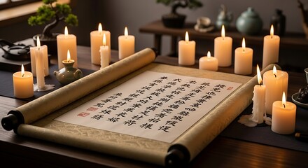 Ancient scroll with calligraphy illuminated by numerous flickering candles on a wooden table evoking tradition and mystery
