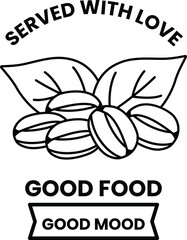 A black and white image of a leafy green plant with a few small beans on it