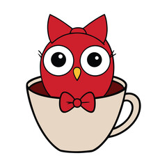 A cute cartoon owl with a tiny bow perched inside a steaming cup of tea, looking cozy and charming, blending whimsy and warmth in a delightful scene.

