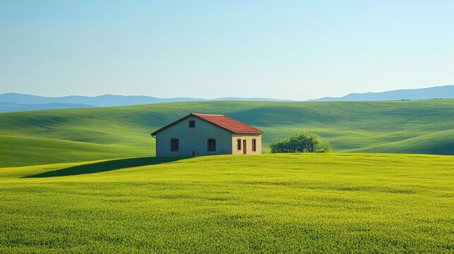 Country house surrounded by green fields, blue sky