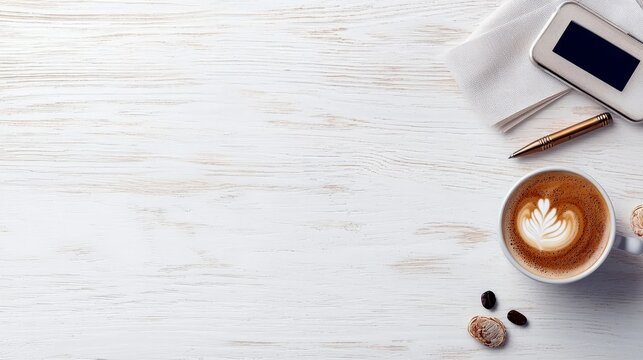 A flat lay composition featuring a cup of coffee with latte art, a pen, a smartphone, and coffee beans on a white wooden surface.