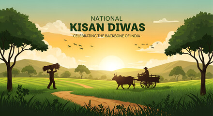 Happy Kisan Diwas 23 december with farmer farming silhouette vector illustration village background for a social media creative post template