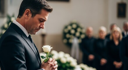 Caucasian male mourning with white rose at funeral ceremony in church