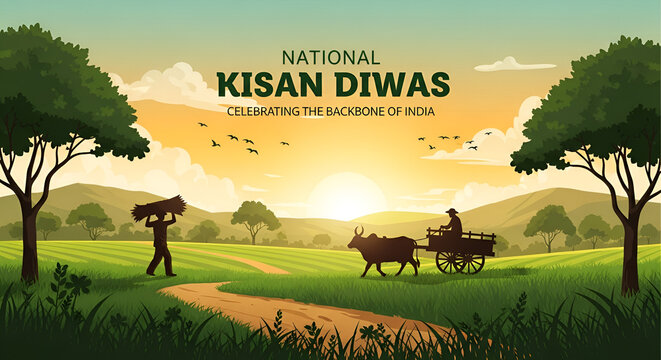 Happy Kisan Diwas 23 december with farmer farming silhouette vector illustration village background for a social media creative post template