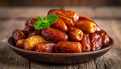 A brown ceramic bowl filled with a pile of glistening dates, garnished with fresh green mint leaves, resting on a rustic wooden surface.