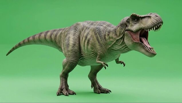 Epic Tyrannosaurus Rex 3D roaring animation on green screen ideal for documentaries, action films, and digital effects work