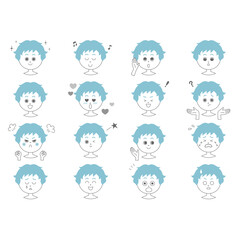 青い髪の男の子の表情違いの顔