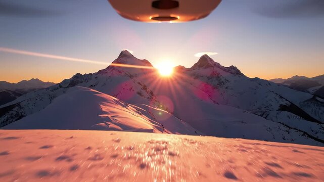 A breathtaking sunrise casts warm light over snow-covered mountains, creating a stunning scene. The vibrant sunset and snow-covered mountains harmonize beautifully in this vista.