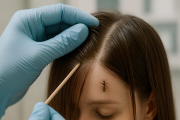 Photorealistic 3D medical of pediculosis capitis, child’s scalp surface macro (no full face) with parted hair shafts, several Pediculus humanus capitis adults and nits attached near the hair base