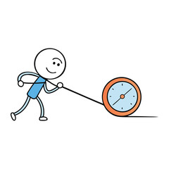 A stickman strains to pull back time, gripping a giant clock hand with determination. Lines of motion swirl around him as he fights to reverse the ticking flow of moments.
