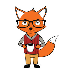 A charming hipster fox with stylish glasses sips coffee, radiating cozy vibes and playful personality in a warm, whimsical scene full of charm and character.

