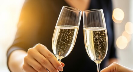 Close-up of hands toasting with champagne glasses at celebratory event